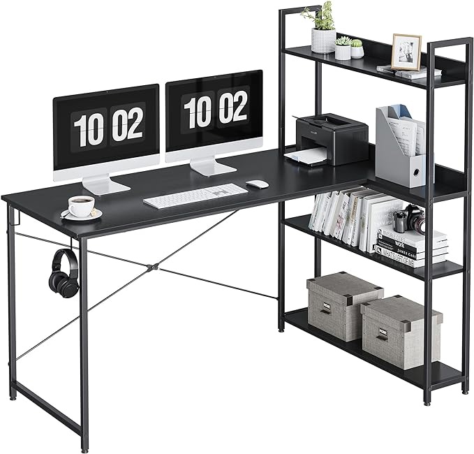 CubiCubi Computer Corner Desk with Storage Shelves, 55 Inch Small L Shaped Computer Desk, Home Office Writing Desk with 2 Hooks, black.