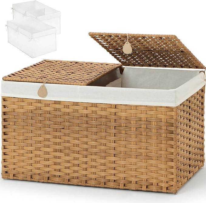 Storage Basket with 2 separate Lid,65L Handwoven Rattan Shelf Basket with Cotton Liner and handles;Storage Box Basket for Bedroom,Laundry Room ;22.2 x 13 x 13.8 Inches(Brown)
