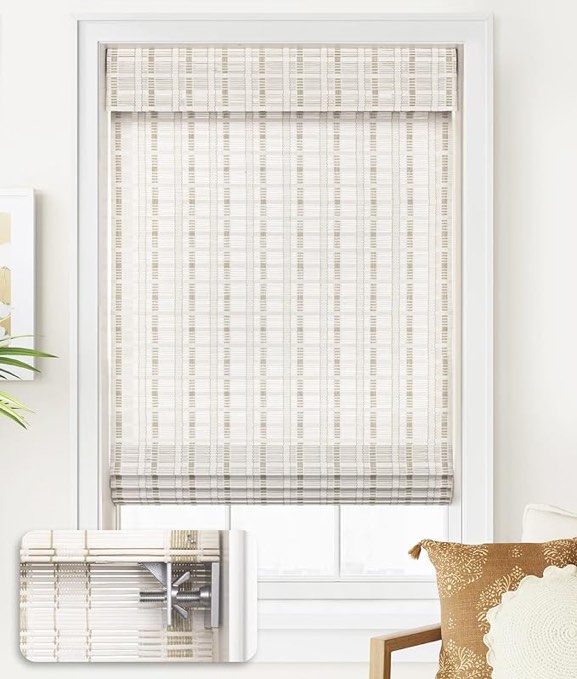 LazBlinds No Tools No Drill Cordless Bamboo Roman Shades, Light Filtering Window Treatment, Roll Up Bamboo Blinds for Window 27'' W x 64'' H, Whitewash B