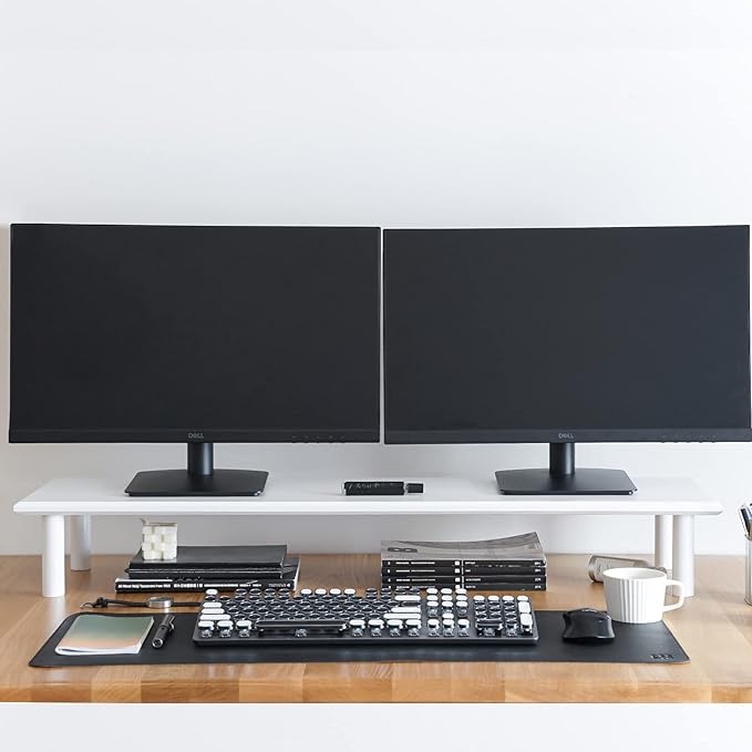 White Dual Monitor Stand Riser, ROCDEER Underneath Storage for Desk Office Supplies, and Supports for Computer Monitor, Heavy TV Riser up to 130 lbs