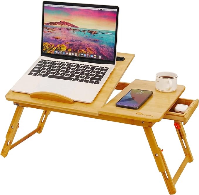 Laptop Desk for Bed, COIWAI Bamboo Lap Desk with Tablet Slot Adjustable Height Angle Foldable Storage Drawer Portable Tray Table Stand for Netebook Computer Breakfast Work Study Reading Writing Large 28.8*13.4
