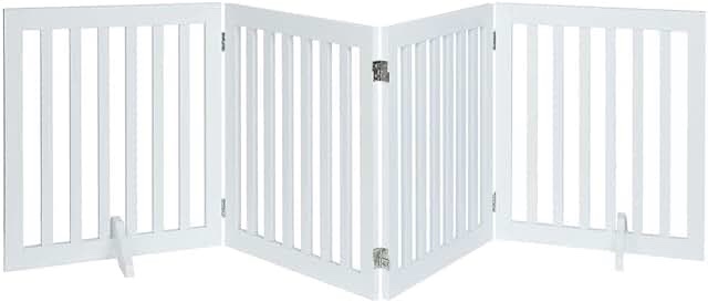 unipaws 24”H Free Standing Pet Gate for Dog Cat Baby, Wooden Dog Gates for Doorway, Stairs, Step Over Foldable Pet Fence for The House, Expandable Dog Barrier, Indoor Use, White 20"Wx24"H,3panels