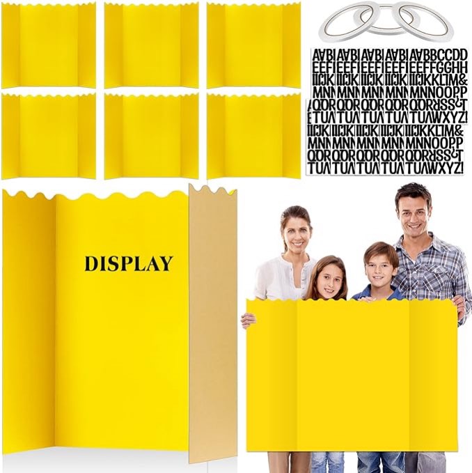 10 Pack Presentation Board Trifold Poster Board Tri Fold Display Board Foldable Project Paperboard with 10 Sheets Letter Sticker 3 Rolls of Double Sides Adhesive Tape (Yellow,28 x 40 Inch)