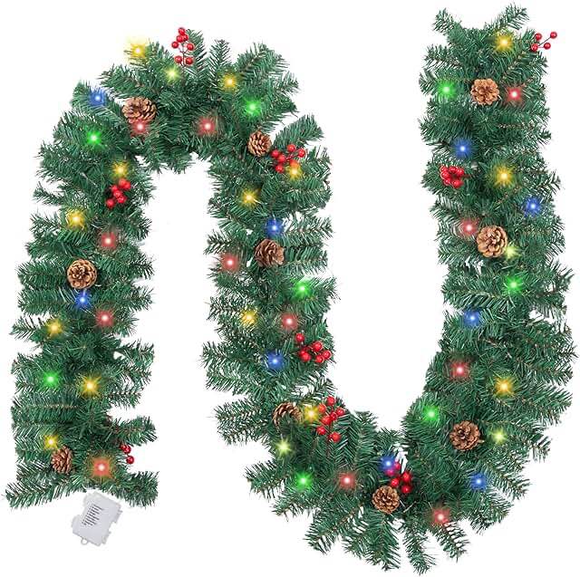 Lyrow 36 FT Prelit Lighted Artificial Christmas Garland Battery Operated Garland for Indoor Outdoor Stairs Railing Fireplace Mantel Front Door Porch Christmas Holiday Party Decoration(Colored Lights)