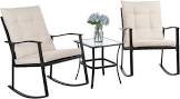 Shintenchi 3 Pieces Rocking Bistro Set Wicker Patio Outdoor Furniture Porch Chairs of 2 Outdoor Furniture Rattan Chair Conversation Sets with Glass Coffee Table (Beige)