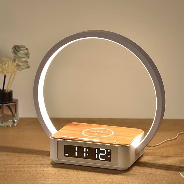WILIT Bedside Lamp, Touch Table Lamp with Wireless Charger, Nightstand Lamp with Clock, Wake-Up Light 3 Levels Brightness LED Night Light for Bedroom, Living Room, Nightstand