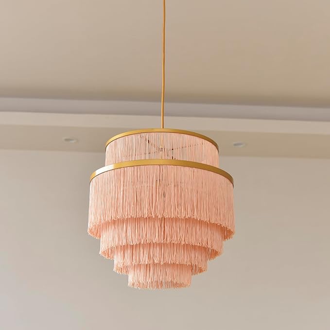Topaluce 5-Tiered Boho Chandelier Gold,3 Lights Pink Fringe Pendant Light Fixture,Tassle Chandelier for entryway,Dining Room,Baby Nursery,Bedroom