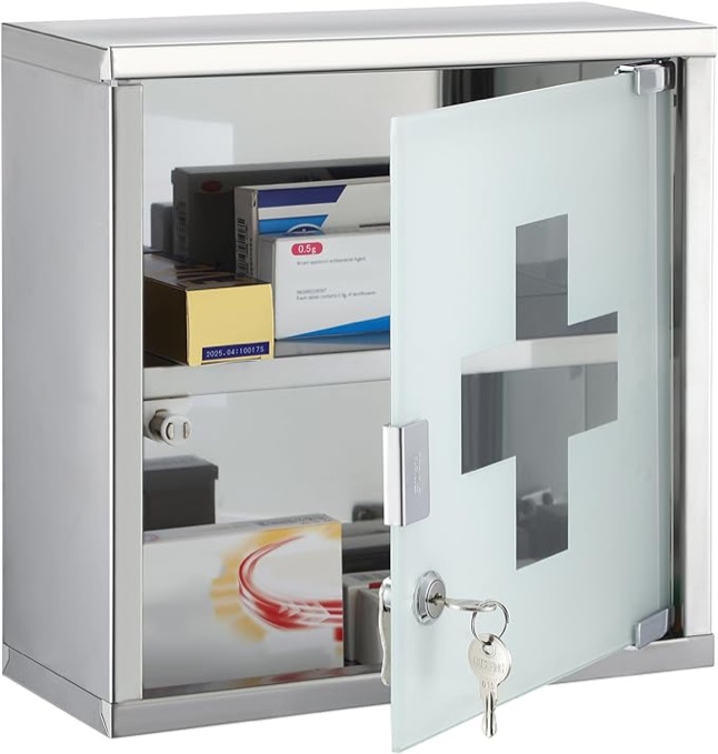 Timgle Medicine Cabinet with Lock Medicine Cabinet First Aid Cabinet Wall Mounted Bathroom Storage Hanging Medical Cabinet for Bathroom Locker Room, Silver Shiny (4 Shelves)
