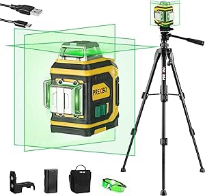 PREXISO Laser Level 3 X 360° with Tripod - Rechargeable Cross Line Leveler, Green Line Laser Level Self Leveling for Construction, Tile, Home Renovation with Magnetic Base, Green Glasses, Portable Bag