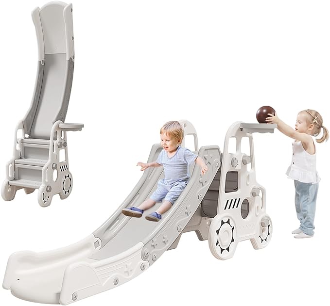 FAHKNS 3 in 1 Toddler Slide, Kid Slide for Climber Playset with Basketball Hoop and Ball for Indoor and Outdoor Playground?Age 3+ Kids