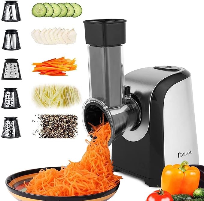 Homdox Electric Cheese Grater, Professional Electric Slicer Shredder, 150W Electric Gratersr/Chopper/Shooter with One-Touch Control | 5 Free Attachments for fruits, vegetables, cheeses Silver