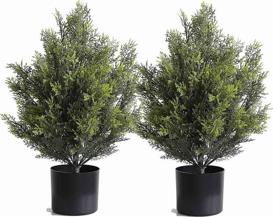Cedar Artificial Bush,Faux Shrub,Topiary Artificial Cypress Tree,Includes Black Plastic Pot,2 Packs Fake Trees,Home Decor for Indoor and Outdoor,Faux Plants Outdoor,Artificial Greenery Set,24inch