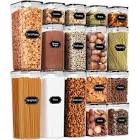 PRAKI Airtight Food Storage Container Set, 16 Pcs BPA Free Plastic Dry Food Canisters for Kitchen Pantry Organization and Storage Ideal for Cereal, Flour & Sugar - Labels, Marker(Black)