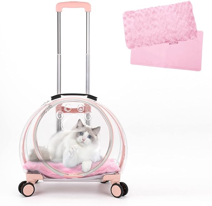 TripleHare Transparent & Fully Breathable Pet Carrier Backpack with Trolley Wheels for Dogs, Cats, Parrots or Bunnies, Multiple Carrying Options, Perfect for Traveling/Taking a Walk (Pink) …