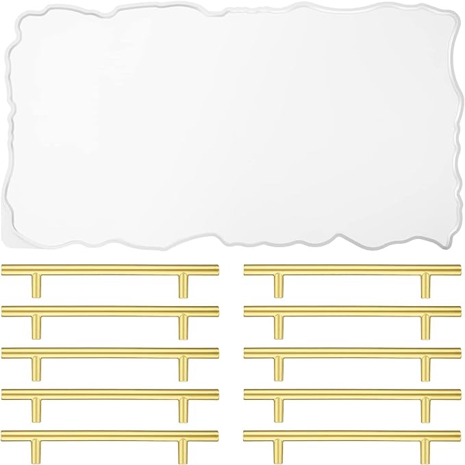 Gejoy Large Resin Tray Molds Silicone Tray Mold with 10 Pcs Metal Gold Handles Irregular Tray Molds for Epoxy Resin Casting DIY Crafts Supply Making Faux Agate Tray Serving Board Home Decor Ideal Gift
