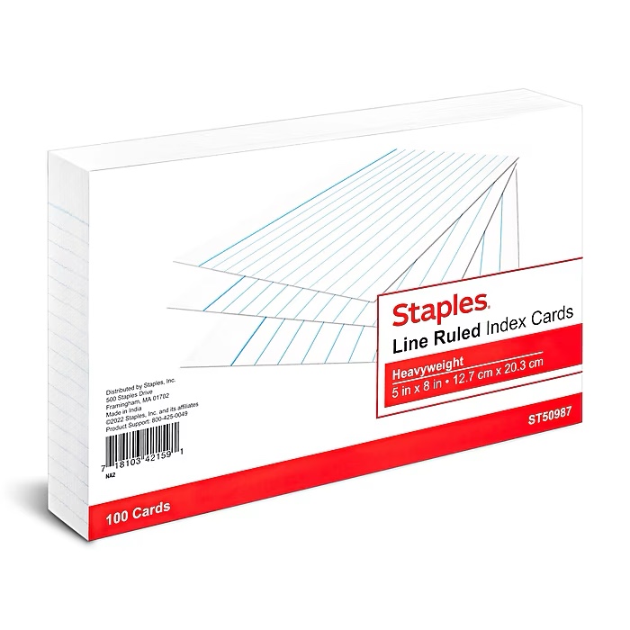 Staples™ 5" x 8" Index Cards, Lined, White, 100/Pack 40 Units