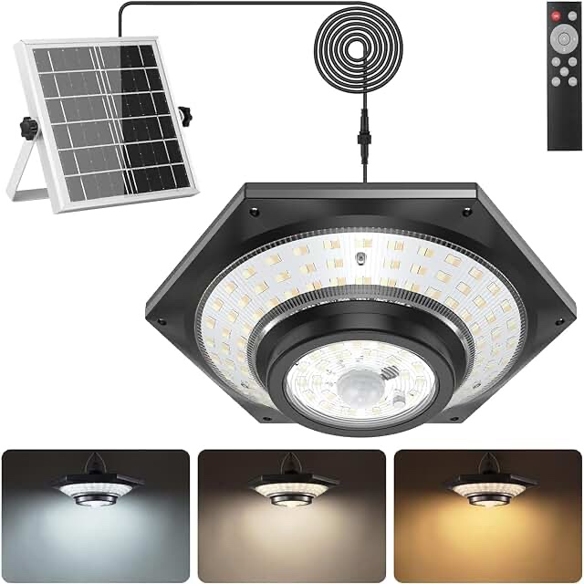 Sararoom Solar Pendant Light Ourdoor,Solar Shed Light Indoor,3000K/4500K/6000K Dimmable Solar Light with Remote Control,IP65 Waterproof Solar Power Light with 16.4ft Cable for Patio,Chicken Coop,etc