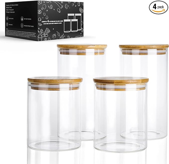 LIBWYS Kitchen Glass Storage Jars Set with Bamboo Lids Set of 4, 135oz Airtight Glass Canisters, Large Kitchen Food Storage Jars for Kitchen Cabinet/Dishwasher Safe (4pack)