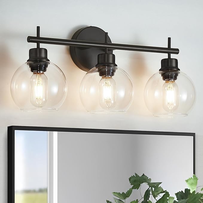 3 Light Bathroom Vanity Lights, Black Bathroom Light Fixtures with Clear Glass Globe Shades, Bathroom Lighting Fixture Over Mirror Wall Sconce for Bedroom, Living Room, Hallway