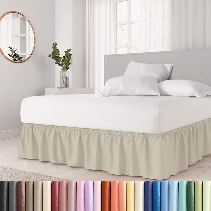 Wrap Around Dust Ruffle Bed Skirt - Cream - for Queen Size Beds with 15 in. Drop - Easy Fit Elastic Strap - Pleated Bedskirt with Brushed 
