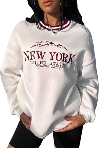 QWINEE Women's Letter Graphic Long Sleeve Drop Shoulder Sweatshirt Round Neck Pullover Tops