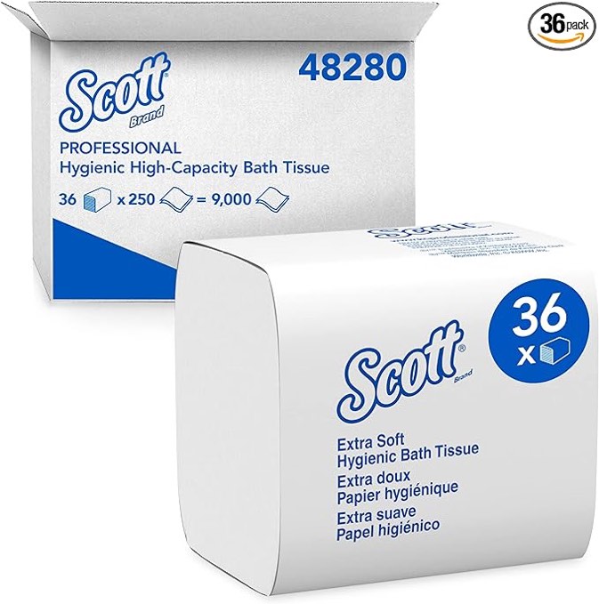 Scott® Hygienic High-Capacity Folded Tissue (48280), 2-Ply, White, Single Pull, (250 Sheets/Pack, 36 Packs/Case, 9000 Sheets/Case) 