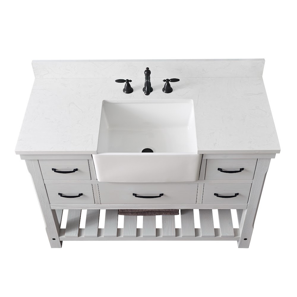 WESLEY 48? Weathered White Vanity with Ariston White Top, smooth white finish on wood