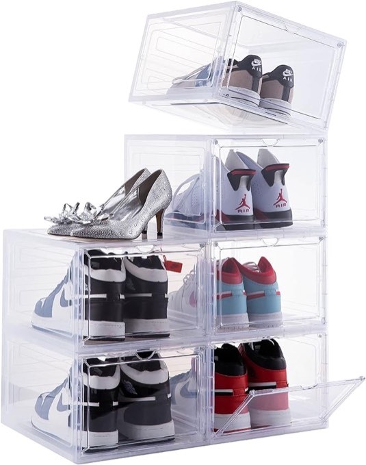 Attelite Drop Front Plastic Shoe Box with Clear Door,Set of 6,Stackable,For Display Sneakers,Easy Assembly,Fit up to US Size 12(13.4”x 10.6”x 7.4”)