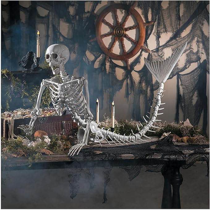 Life-Size Original Mermaid Skeleton Halloween Decoration, Realistic Full Body Movable Posable Joints Skeleton Scary Decor for Graveyard Decorations, Haunted House Props Indoor/Outdoor Decor