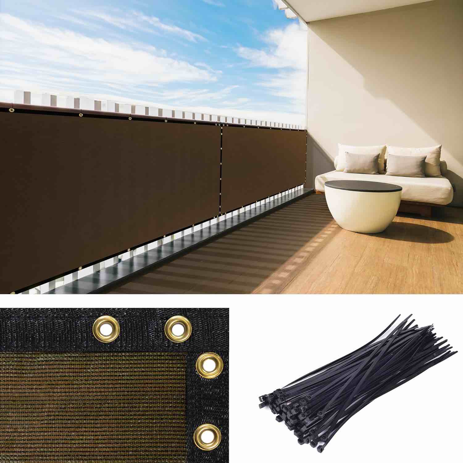 Royal Shade 3' x 10' Brown Balcony Privacy Screen Apartment Above Railing Porch Patio Fence Windscreen Cover Netting Mesh Fabric Cloth - Cable Zip...