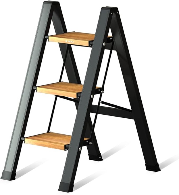 3 Step Ladder Aluminum Lightweight Folding Step Stool for Adults with Anti-Slip Sturdy and Wide Pedal, with 330 Lbs Capacity Multi-Use for Household and Kitchen Portable Stepladder, Black-Wood