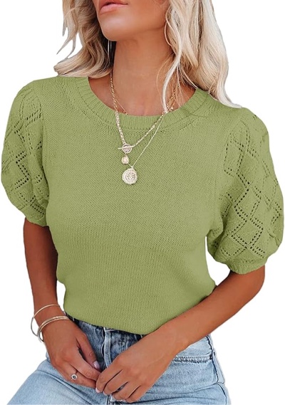 Womens Short Sleeve Sweaters Crewneck Knit Pullover Tops 2024 Summer Casual Lightweight Crochet Blouse Shirt