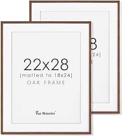 Fun Memories Oak Wood Picture Frame 22x28 Set of 2, 22 x 28 Wood Frame with Mat for 18x24, Large Poster Frame 22"x28" for Wall, 28x22 Frame with Tempered Glass, Walnut Color Walnut 22x28 - 2P