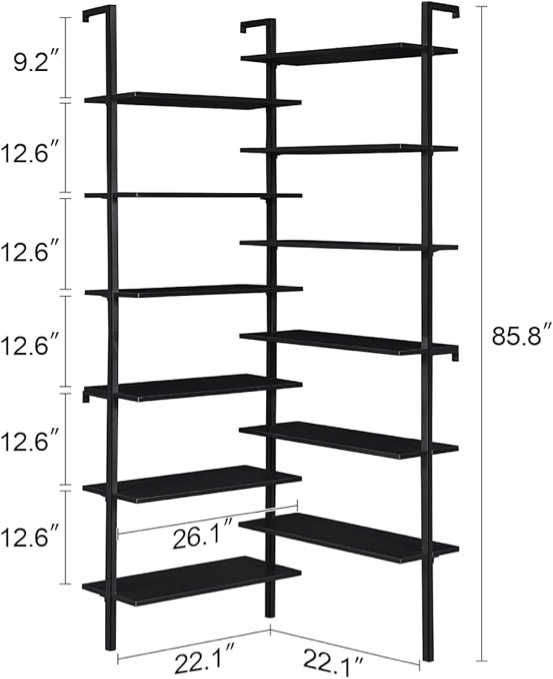 HOMISSUE Corner Bookshelf,12-Tier L Shaped Bookshelf, Double Wide Corner Wall Mount Bookcase with Metal Frame and Wood, Modern Industrial Corner Shelf for Living Room, Kitchen, Home Office Brown