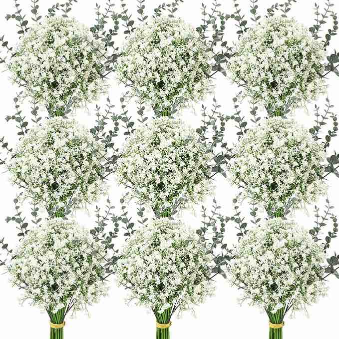 Retrowavy 250 Pcs Babys Breath Artificial Flowers Bulk Babys Breath Flowers Gypsophila Flowers Bouquets with Faux Eucalyptus Stems Leaves for Wedding Bouquet Party Filler Home Decor