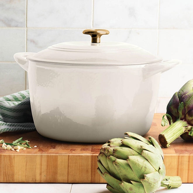 Tramontina Enameled Cast Iron 7-Quart Covered Round Dutch Oven (Latte w/ Gold Knobs)