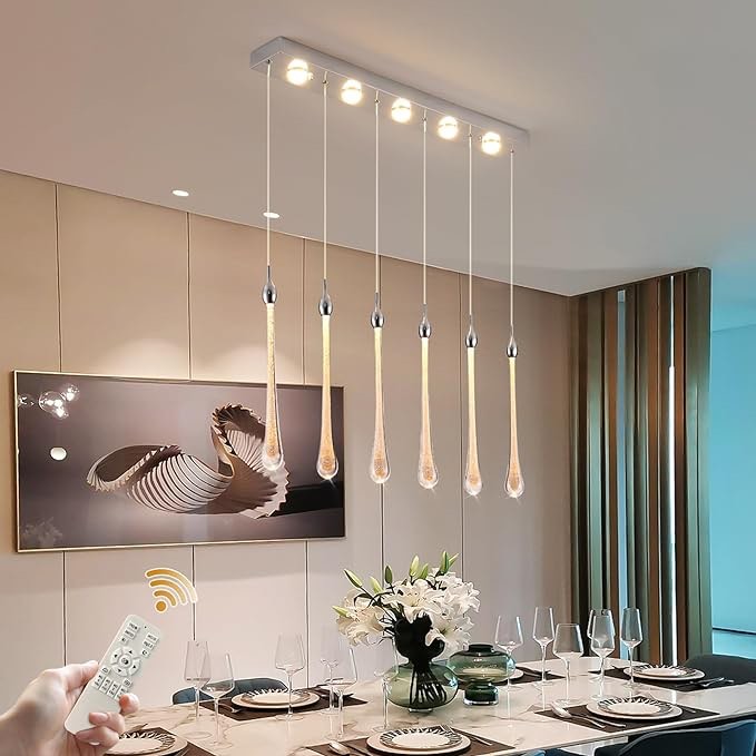 Siittoo Modern Crystal Chandelier, 43W Dimmable LED Pendant Light Fixtures with Bubble Glass Teardrop, 6-Light Chrome Finished Integrated LED Hanging Light for Kitchen Island Dining Room, 35.5in