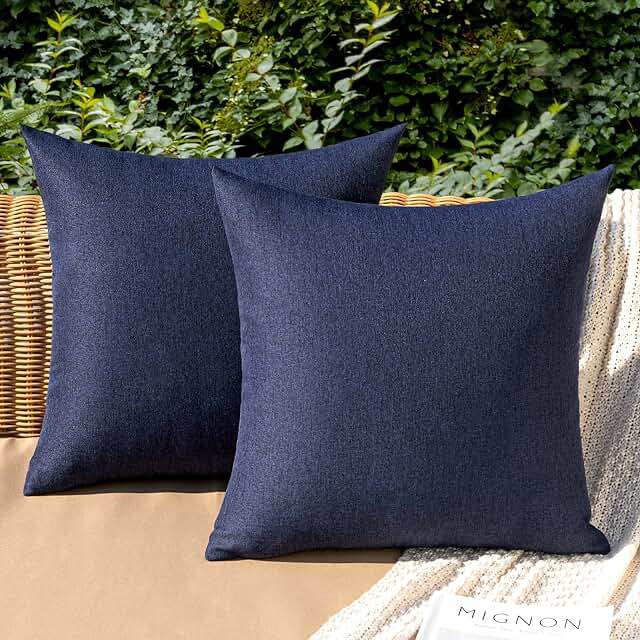 MIULEE Pack of 2 Decorative Outdoor Solid Waterproof Throw Pillow Covers Polyester Linen Garden Farmhouse Cushion Cases for Patio Tent Balcony Couch Sofa 16x16 inch Navy