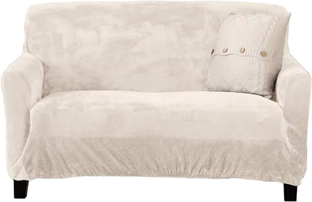 Great Bay Home Velvet Plush Stretch Loveseat Slipcover. Velvet Loveseat Furniture Protector, Soft Anti-Slip, High Stretch (Loveseat- 2 Seater, Off White)
