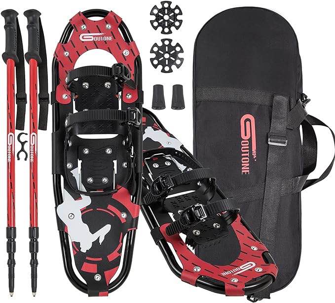 Goutone21/25/30 Inches Light Weight Snowshoes for Adult Women Men, Aluminium Alloy Terrain Snow Shoes for Hiking and Heel Lift Riser for Mountaineering with Trekking Poles and Carrying Tote Bag.
