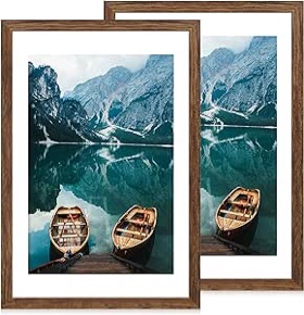 Hongkee 24x36 Poster Frame Set of 2, Rustic Brown Wood Style - Display 20x30 Picture with Mat or 24 x 36 Poster without Mat, Wall Mounting Horizontal and Vertical