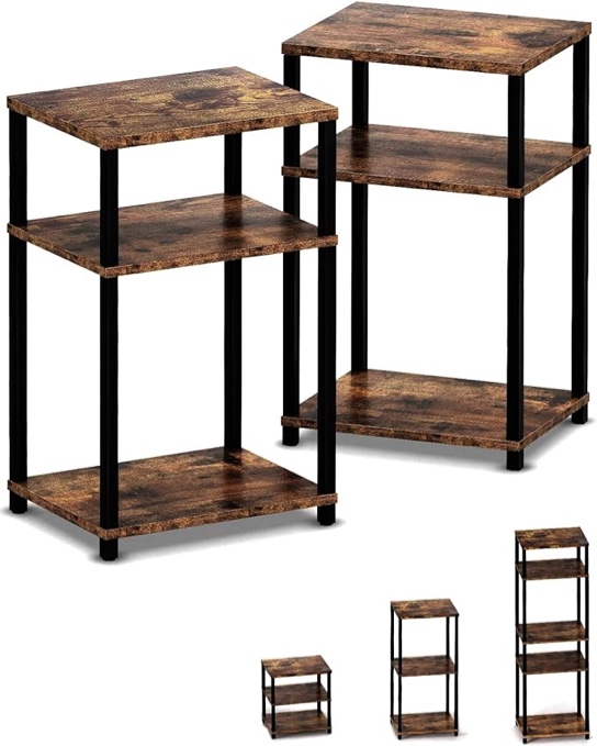 End Table Nightstands Set of 2, 3-Tier Bedside Tables, Nightstand Accent Table for Couch, 5-Tier Shelf Bookcase, Living Room, Bedroom, Rustic Brown and Black, Easy Assembly.