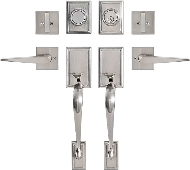 NeuType Front Door Handle Set Double Door Handle Set with Dummy Heavy Duty Double Door Lock Set, with Single Cylinder Deadbolt and Lever Handle, Compatible with Right & Left Handed Doors, Satin Nickel