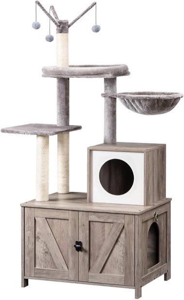 HOOBRO Cat Tree Tower with Litter Box Enclosure for Indoor Cats, Wooden Cat Condo with Scratching Posts, Cat Litter Box Furniture Hidden, All-in-One Cat Toy with Cat House, Greige BG15MZ03