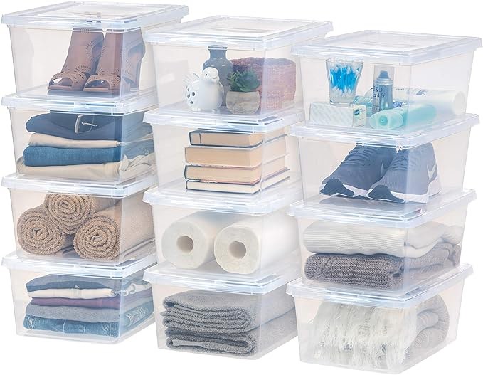 IRIS USA 17 Quart Plastic Storage Bin Tote Organizing Container with Latching Lid for Shoes, Heels, Action Figures, Crayons/Pens, Art Supplies, Stackable and Nestable, 12 Pack, Clear