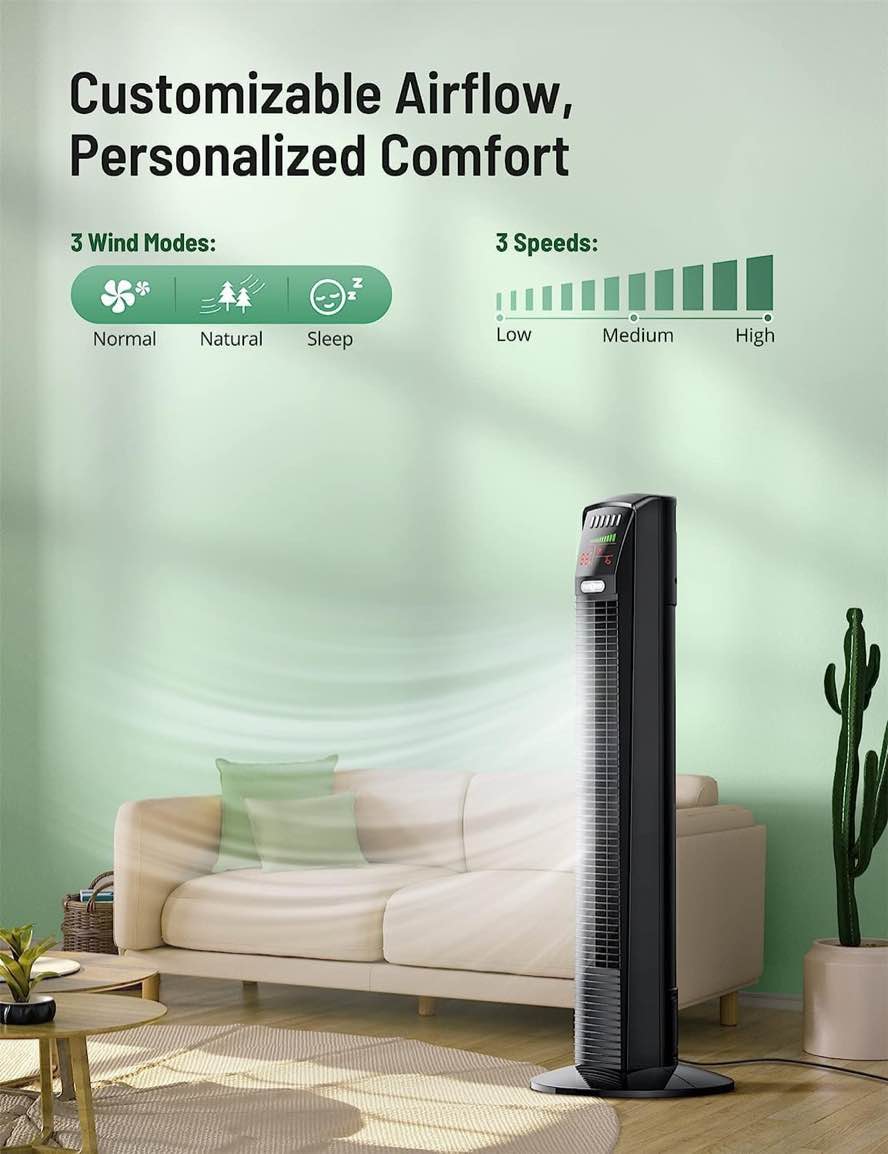 PARIS RHÔNE Tower Fan, Oscillating Quiet Cooling Fan with Remote, Digital Thermostat,12H Timer, 3 Speeds & 4 Modes, Portable Standing Fan for Bedroom,...