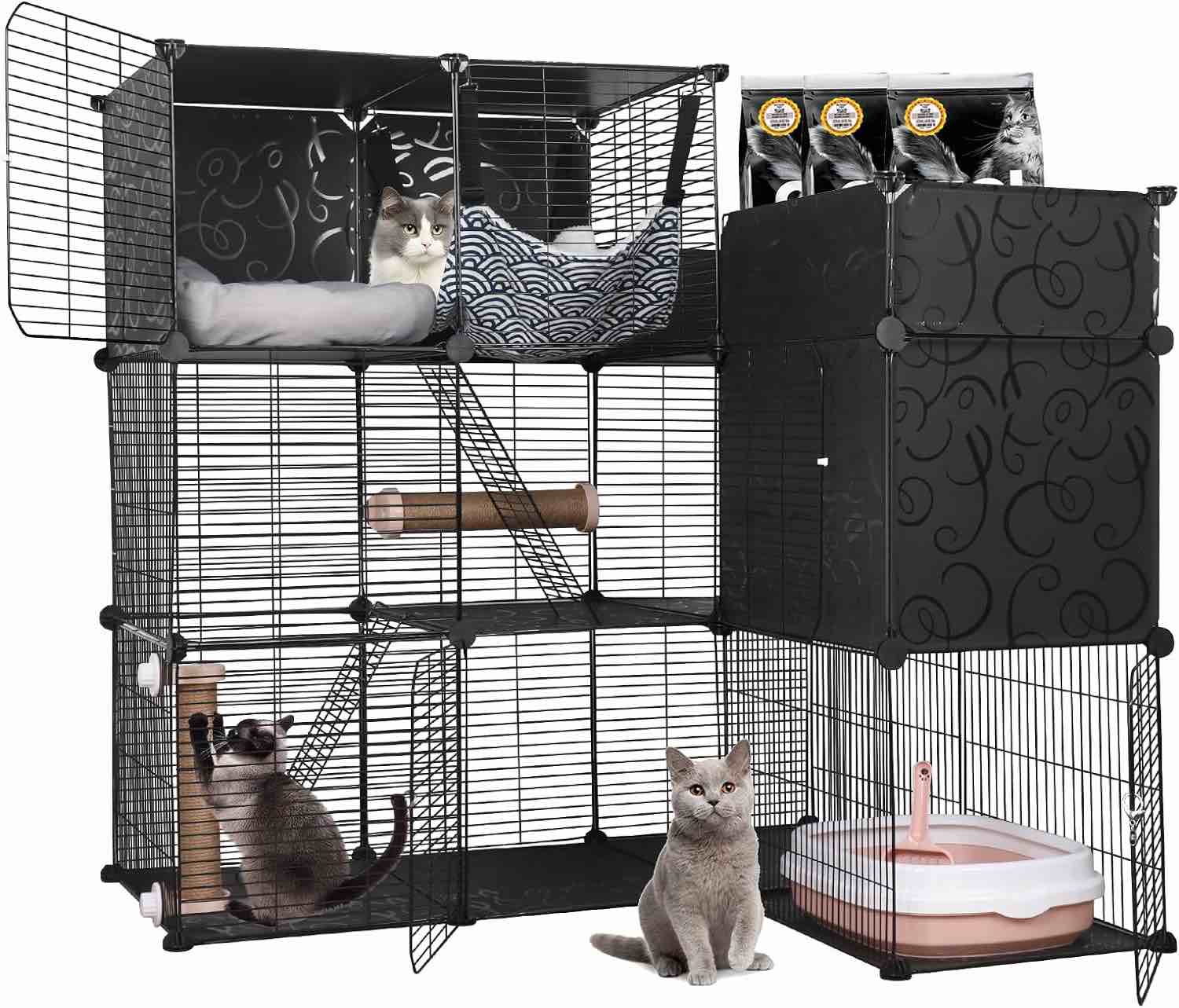 BriSunshine Cat Cage with Storage, Indoor Cat Cages with Litter Box, DIY 3 Tier L-Shape Metal Cat Enclosures Catio Playpen Crate Kennel with Hammock, Bed,...