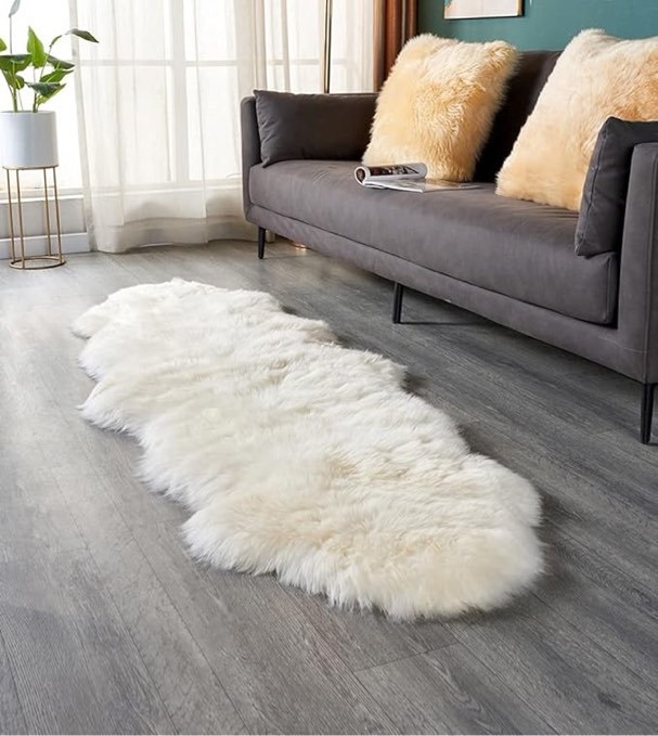 Genuine New Zealand Long Pile Sheepskin Runner Rug Double Pelt Natural Fur Fluffy Accent Rug Sheepskin Couch Cover Wool Carpet Mat for Bedroom Living Room, 2×6 ft
