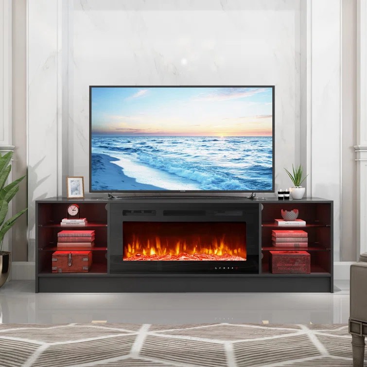 Jutin TV Stand for TVs up to 80" with Electric Fireplace Included brown