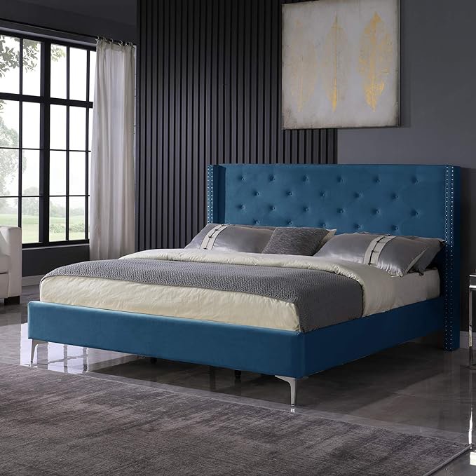 Upholstered  King Bed Frame with Tufted Headboard Blue Velvet Platform Bed Frame No Box Spring Needed, (incomplete, Only Headboard) 